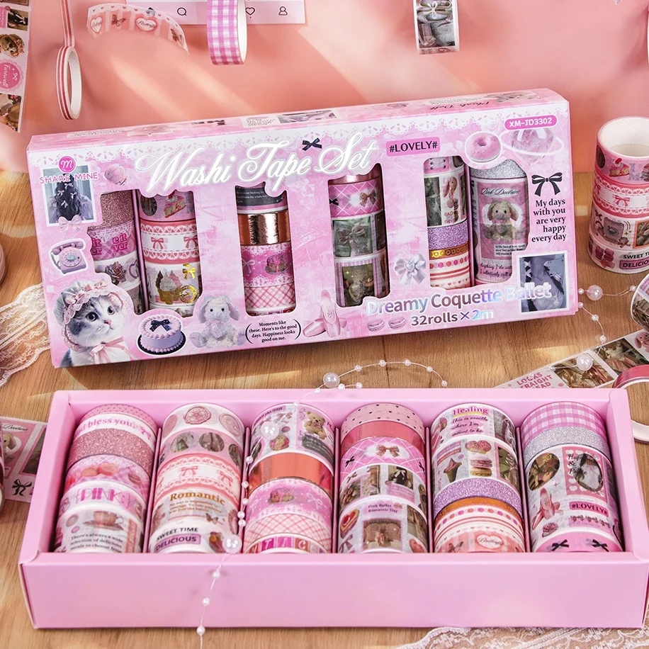 Dreamy Coquette Ballet Washi Tape Set, Multi Size Pink Series Decorative Masking Tape, 32 Rolls Per Box, 2m Per Roll