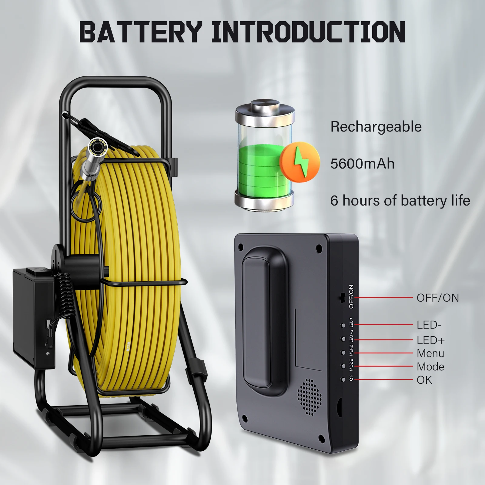 Drain Pipe Inspection Camera 10/20/30M Cable 4.3-Inch HD Screen 5600mAh Rechargeable IP68 Waterproof Plumbing Endoscope DVR 16GB