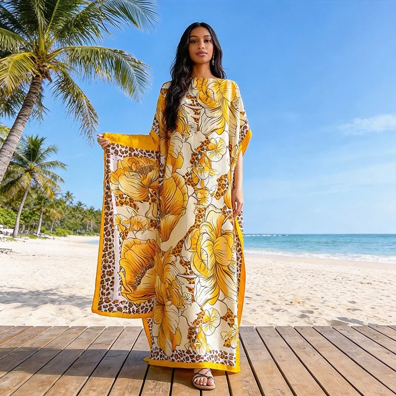 

Plus Size 2026 New Fashion Floral Silky kaftan Dress Elegant Party Loose Summer Hijab Abaya For Lady