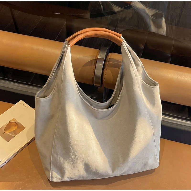 Koreanische Einfarbige Canvas-Handtasche mit Henkel, Damen-Schultertasche mit Großer Kapazität, Leichte Reise-Shopper-Tasche für den Täglichen Arbeitsweg – Detail 9