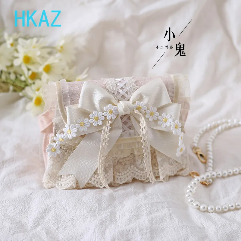 Original Lolita Sweet Cute Girl Handbag Elegant Pearl Chain Bow Cosmetic Bag Lace Chain Solid Color Versatile Messenger Bags 3