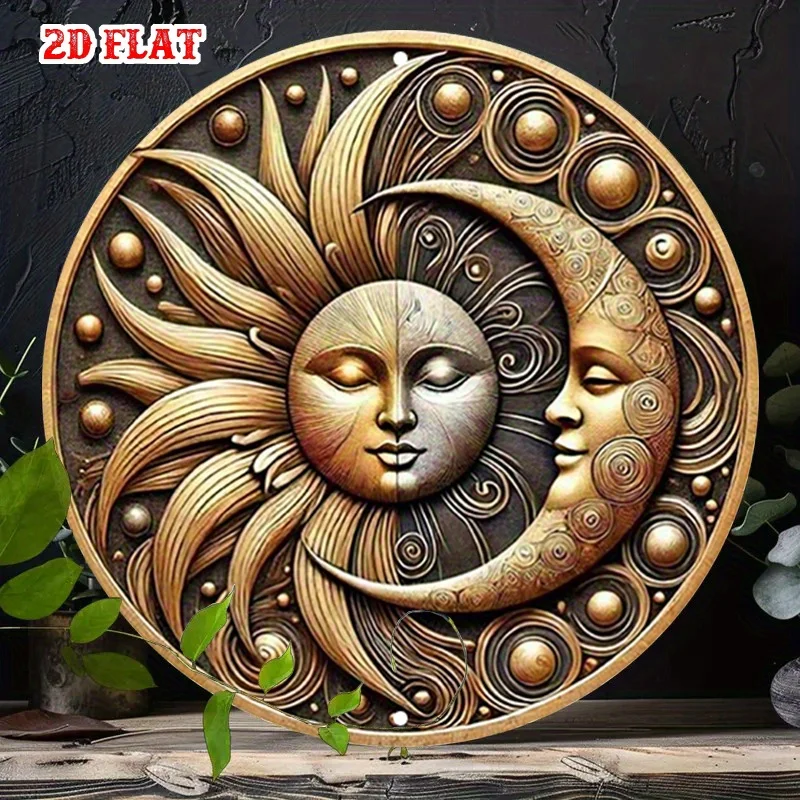 Bohemian Sun and Moon Round Metal Sign, Vintage Celestial Art Wall Decor for Home & Garden