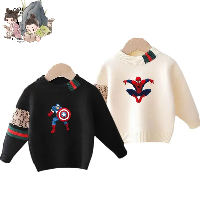 

Spiderman Iron Man Captain America2024 Spring and Autumn New Style Knitted Sweater Boys' Warm Tops Fashionable Personality