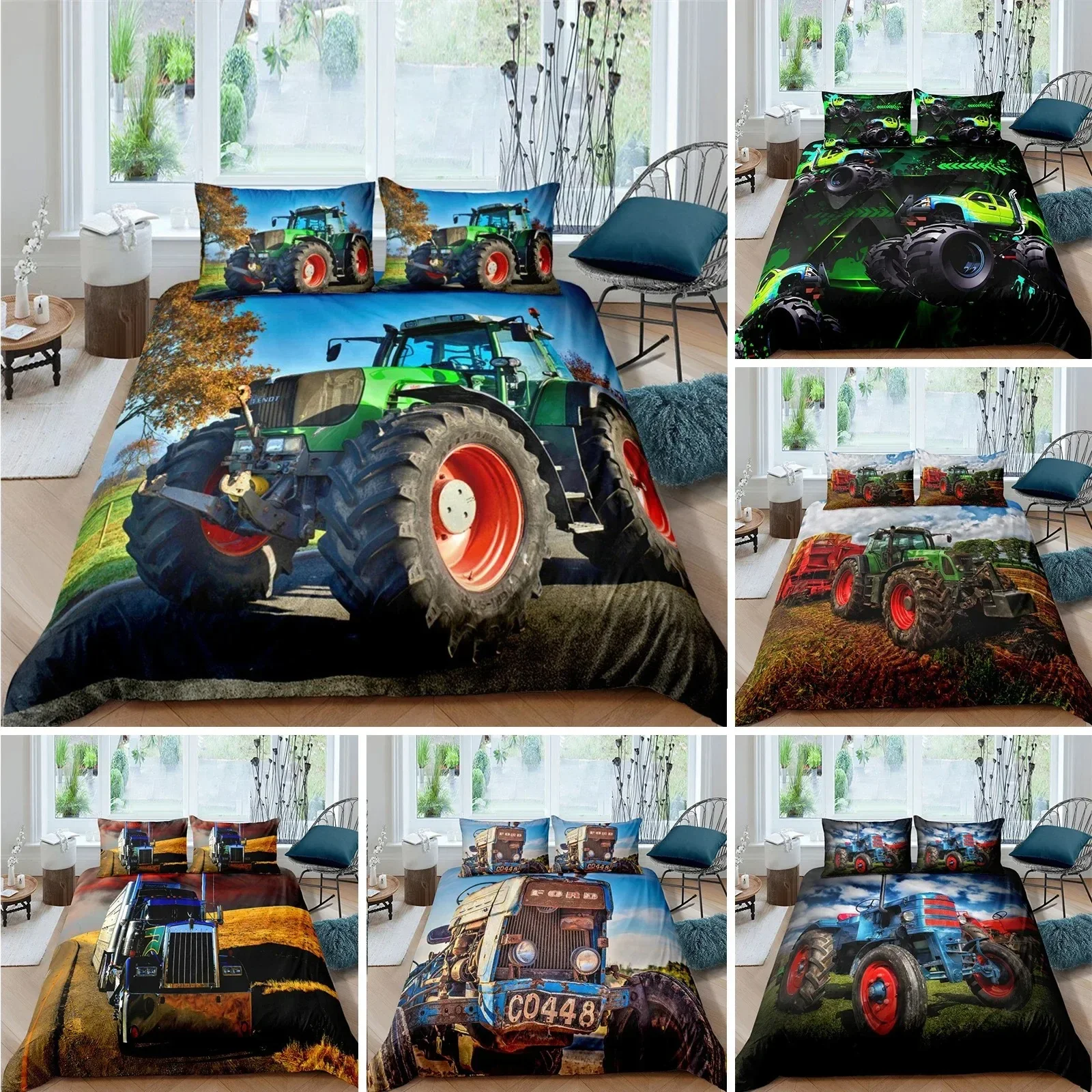 

Retro Tractor King Queen Duvet Cover Car Bedding Set Engineering Vehicle Quilt Cover Farm Tool Cart 2-3pcs Polyester Quilt Cover