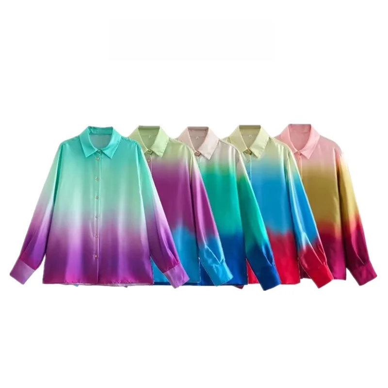 Faionable Tie Dye Print Lange Sve Kraag irt Lente Nieuwe Collectie Dameskleding Woon-werk Sle Pure Kleur Knop D...