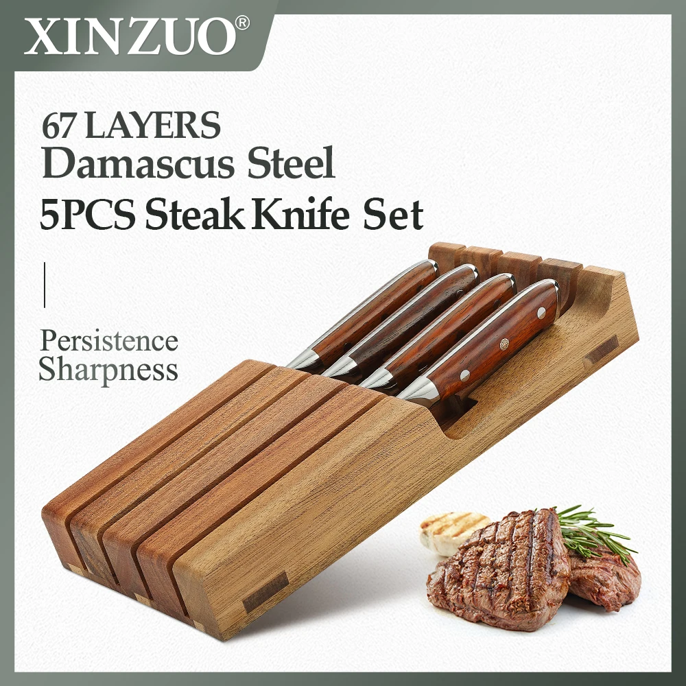 XINZUO 5-Piece Kitchen Set 67 Layers Damascus Steel With Acacia Wood Knife Tray Safe Storage Of Knife Suitable For Storing Knife