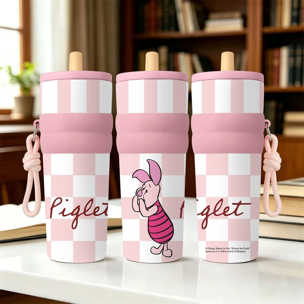 1pc 25oz Disney Cute Piglet Stainless Steel Tumbler Insulated Travel Mug with Straw Hanging Rope Portable Cup for Car Outdoor view 4
