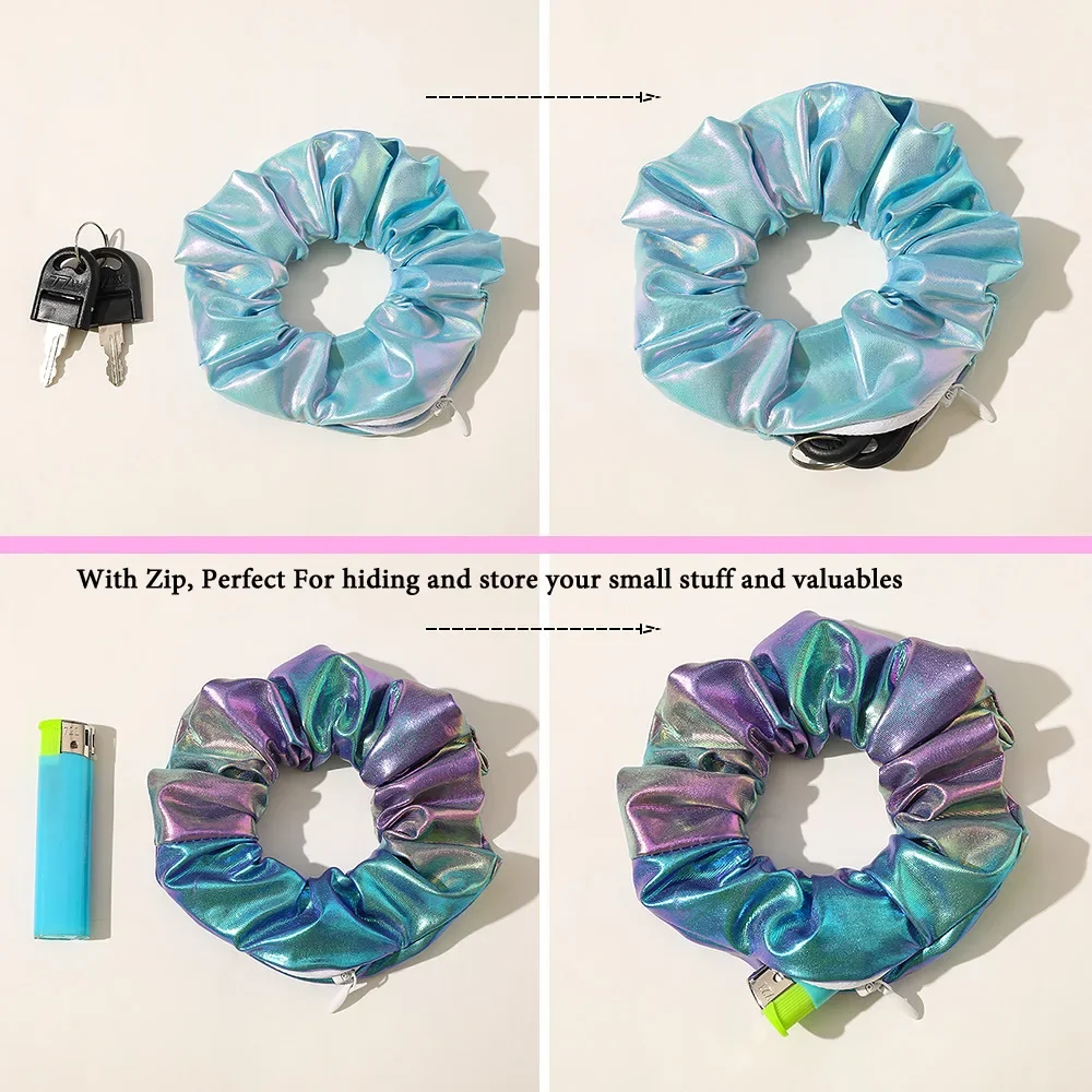 Sight Secret Hair Tie Hidden Storage Compartment With Zip PU Shiny Color Hair Scrunchie ⁣⁣Stash Pocket Travel Stash Safe Woman