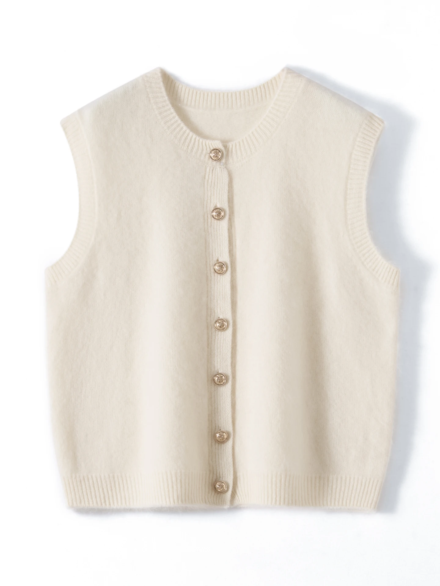 

TLOML Women's 100% Merino Wool Knitwear O-neck Waistcoat Autumn Winter Basic Sleeveless Cardigan Loose Plush Sweater Thick Vest