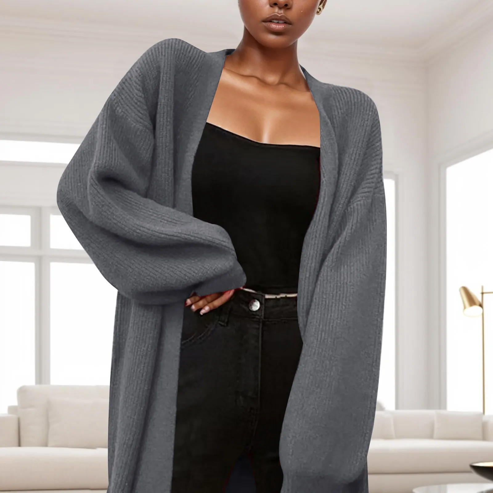 

2024 Autumn Winter Long Cardigan Women's Medium-Length Loose Lazy Outer Wear Sweater Knitted Soft Solid Color Sweater Cardigans