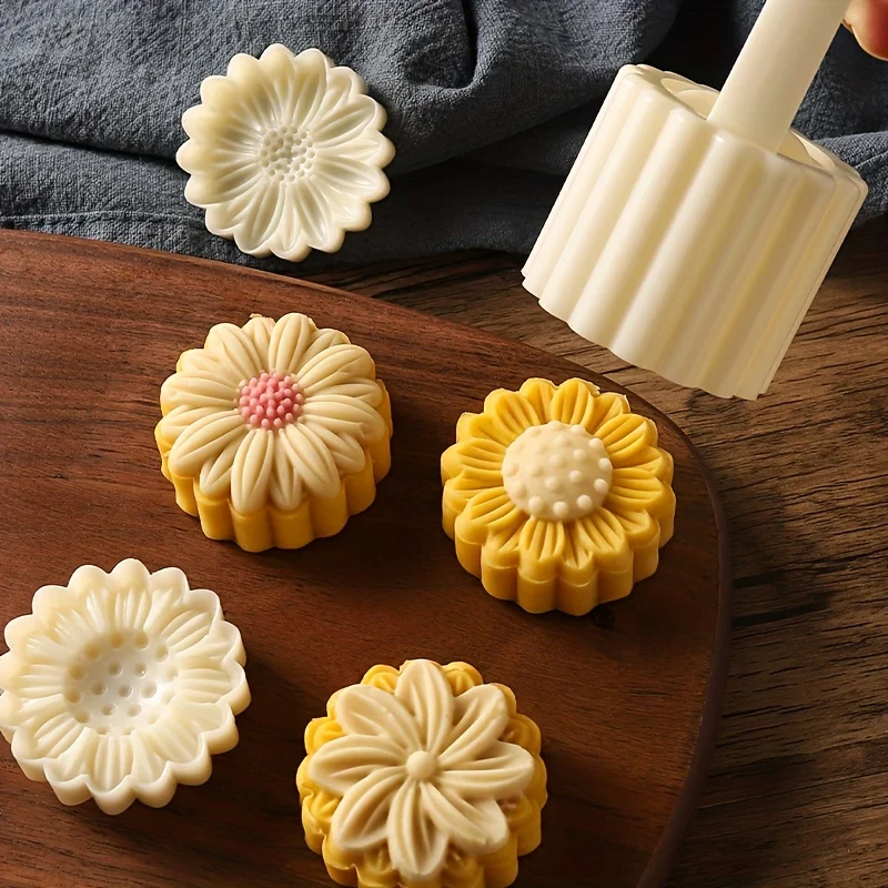 Bloemen Maan Cake Mold Set, 1 Mal En 4 Stempels, Diy Hand Press Mung Bean Cake,Mid Autumn Festival Gebak Mallen, Koekjes Snijden