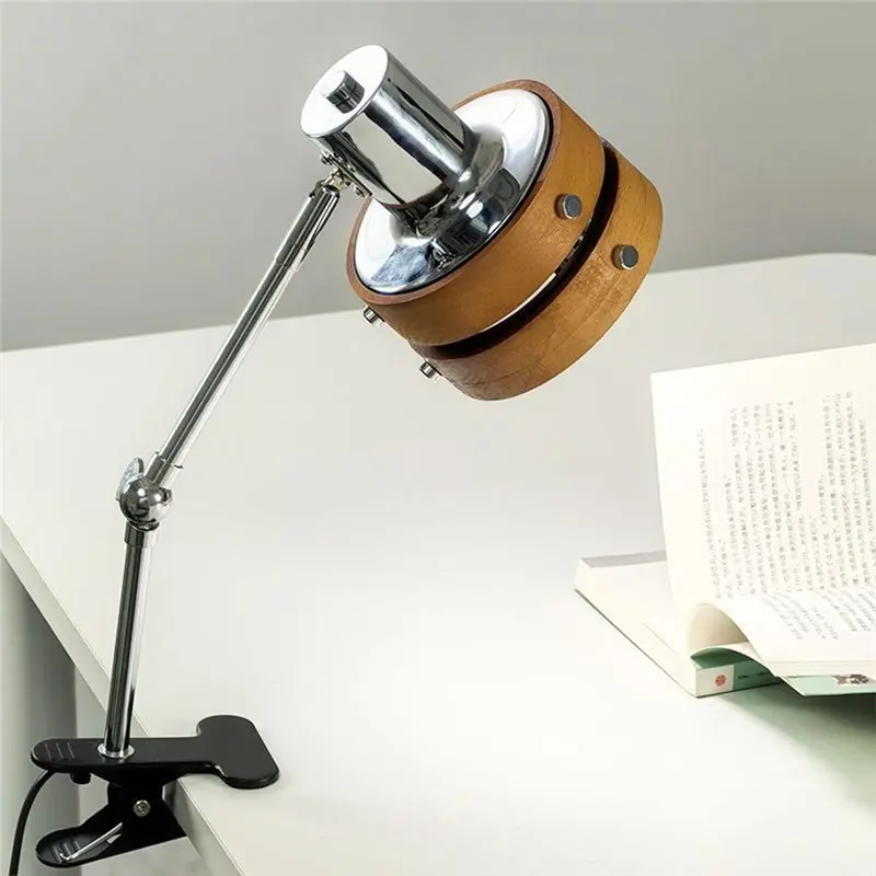 AB33-LED Reading Light For Bookshelf Bedside Wall Lamp Swing Clip Retro Japanese Solid Wood Sconce With Plug In Cable
