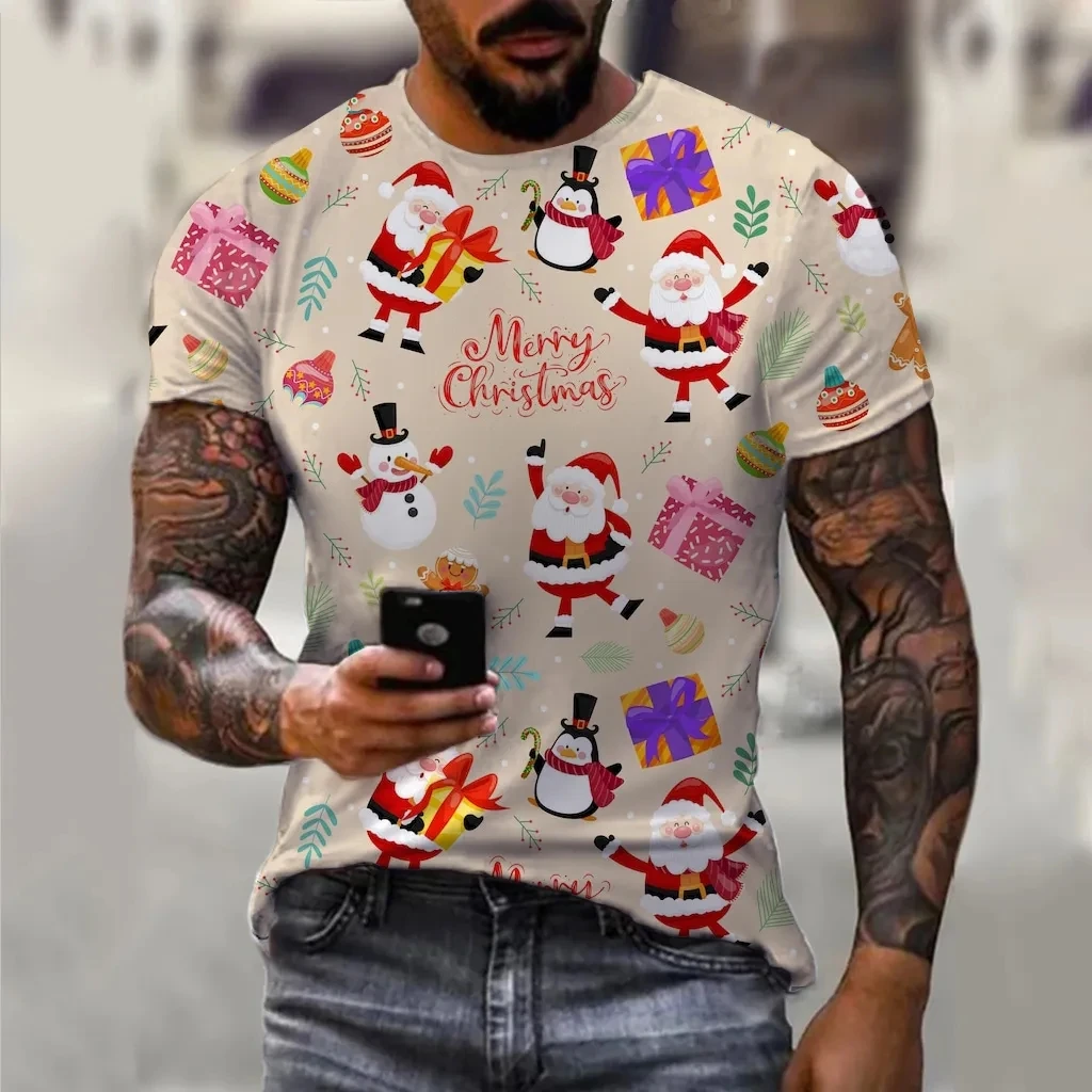 

Cartoon Santa Claus Print T Shirt For Men Hip Hop Trend Harajuku X'mas Short Sleeve Casual O-neck Loose Tops Christmas Clothing