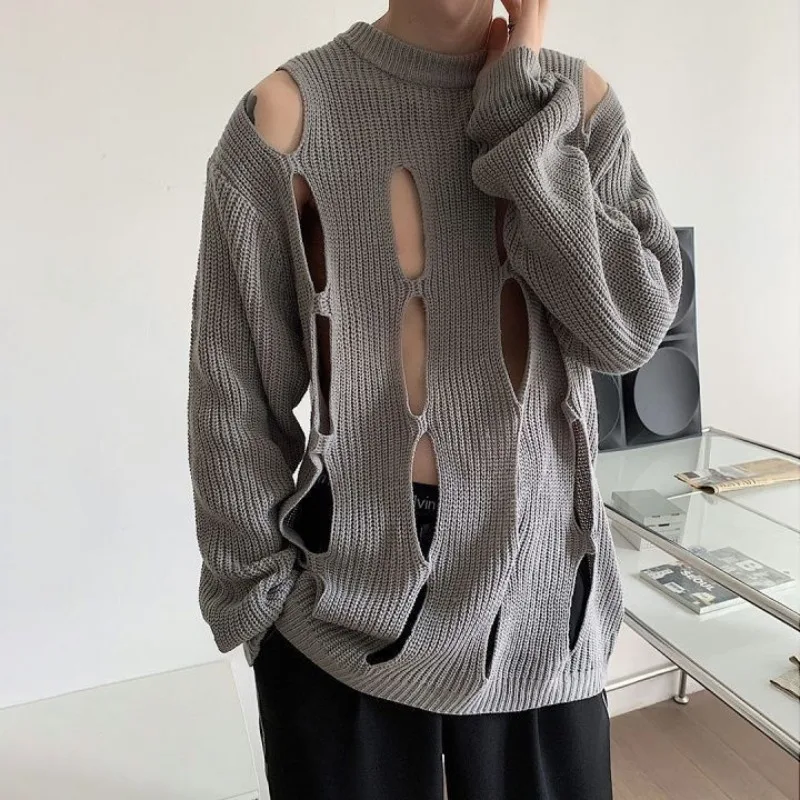 Autumn Japanese Trend Lazy Style Hollow Knitted Sweater Men's and Women's Long Sleeved Loose Jumpers Soft Casual Ripped Sweater