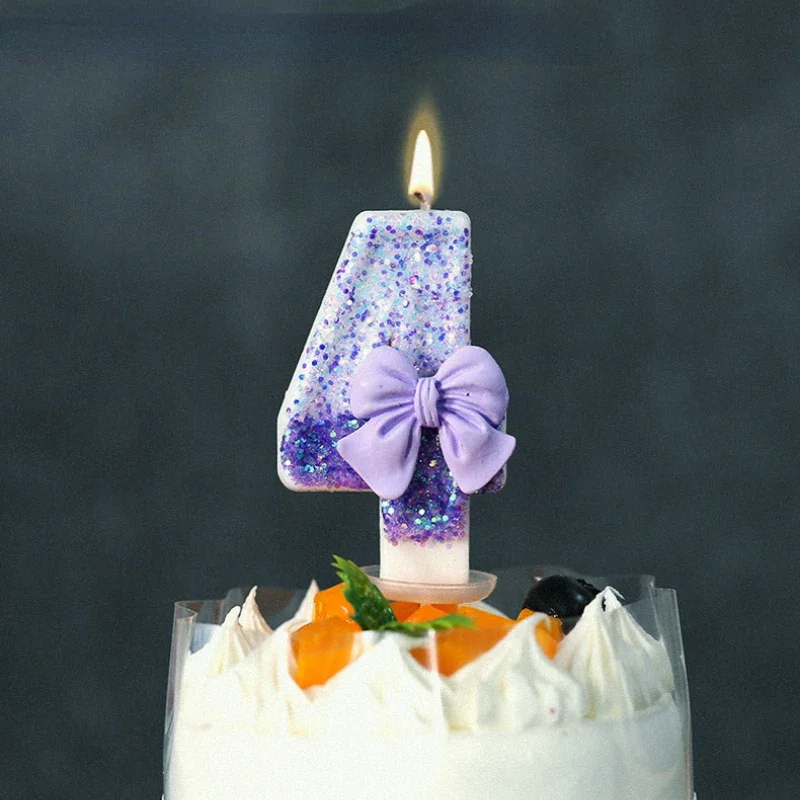 Gradient Purple Bow 0-9 Number Candle Cake Birthday Candle Creative Birthday Cake Decoration Supplies Party Decoration Candle