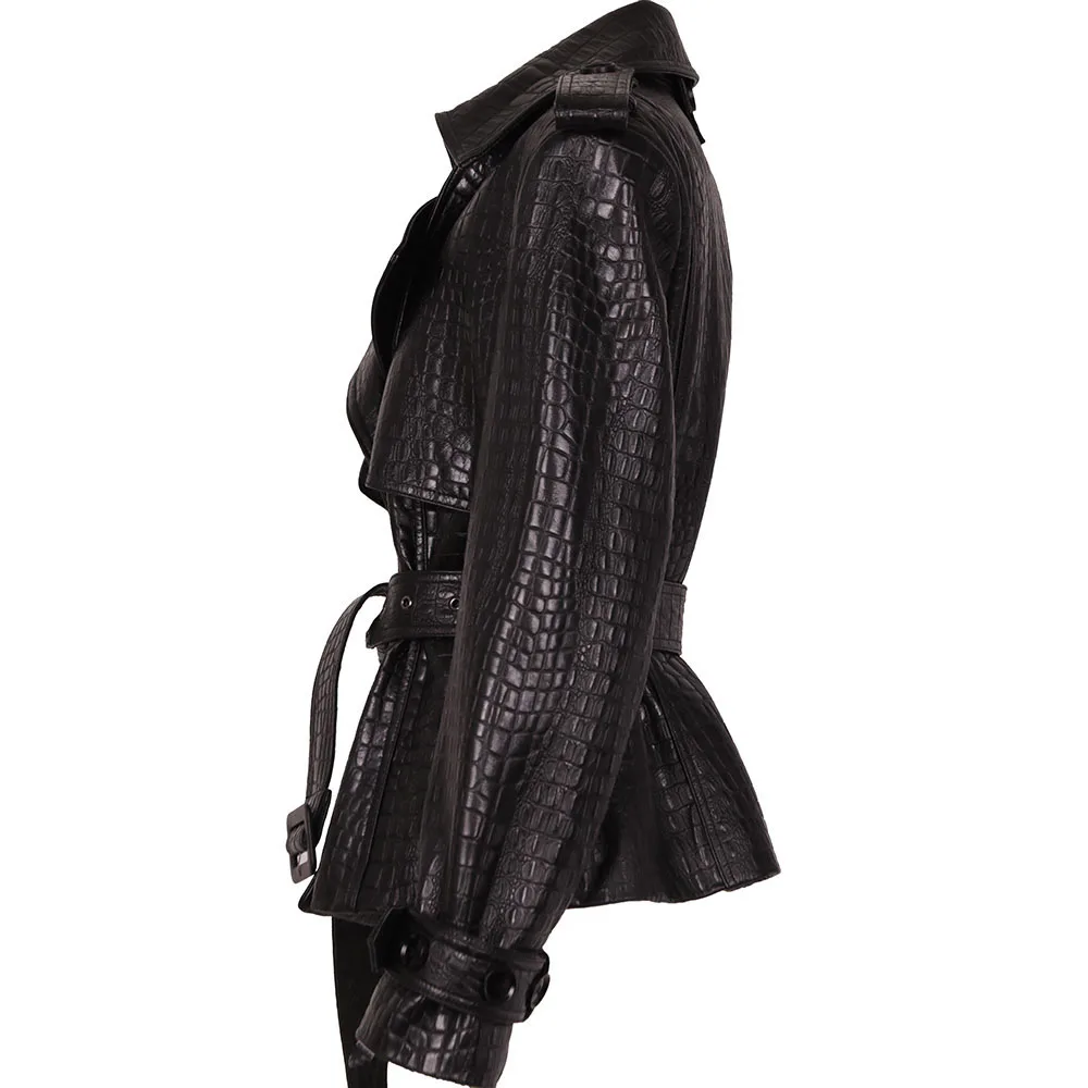 YOLOAgain Double Breasted Croc Pattern Leather Jacket Women 2026 Autumn New Genuine Leather Jacket Ladies