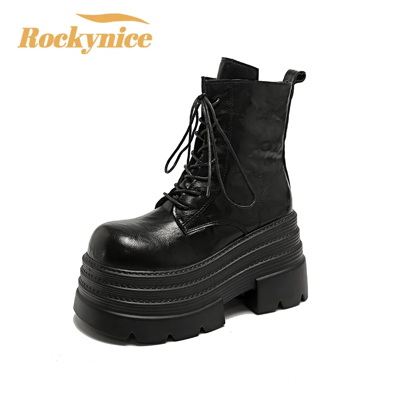 Women High Platform Boots Gothic Leather Punk Shoes Female Ankle Short Combat Boots 10.5CM Wedge Heels Chunky Motorcycle Boots