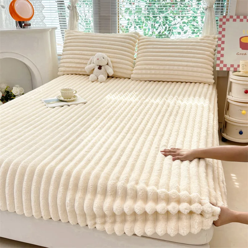 Milk Velvet Fitted Sheet Full Enclosed Mattress Cover Solid Color Faux Rabbit Fur Double-sided Warm Thick Fluffy Soft Plush Bed