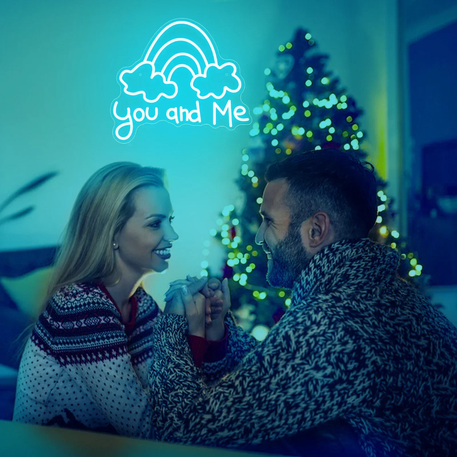 You and Me Neon Sign Rainbow Cloud Blue LED Wall Art Acrylic USB Powered Dimmable Light Decor for Couple Bedroom Living Room