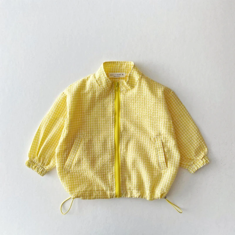 

Korean version of spring and autumn checkered sun protection macaron color cardigan jacket for boys and girls, thin 2025 summer