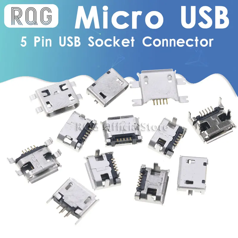 60pcs/lot 5 Pin SMT Socket Connector Micro USB Type B Female Placement 12 Models SMD DIP Socket Connector