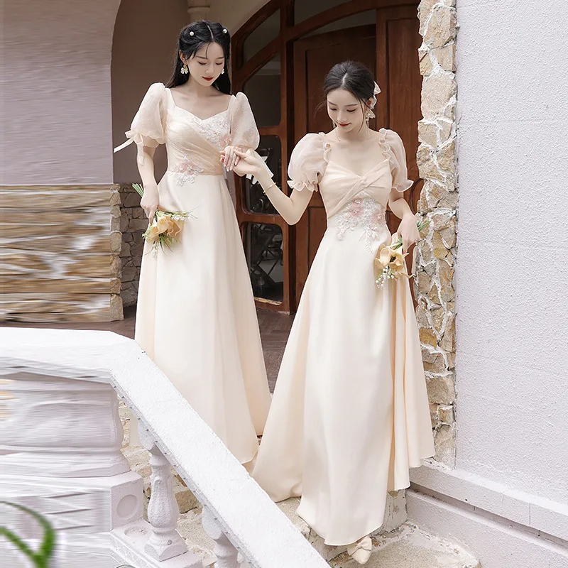 Luxury Satin Bridesmaid Dress Premium Champagne Wedding Sisters Group Dresses 4 Styles 3D Applique Square Collar Party Gown