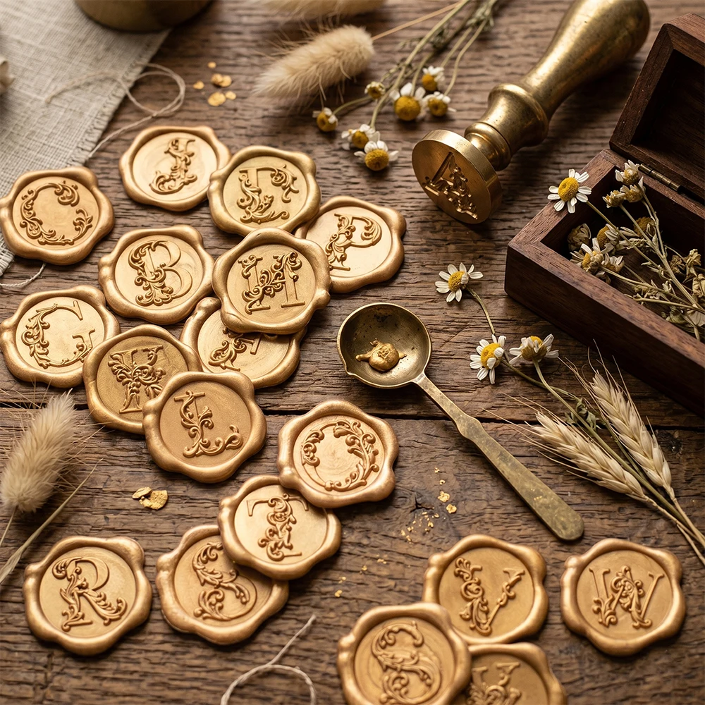 Initial Alphabet Wax Seal Stickers,25 Pcs Antique Gold 3D Floral Letter A Envelope Seal Stickers Self- Adhesive,for Wedding