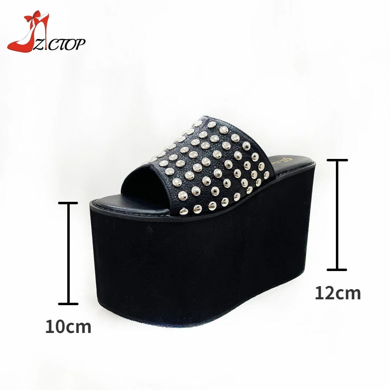 Wedges Platform Sandals Women Rivets Chunky High Heels Slippers Slip On Summer Outdoor Mules Black Punk Shoes Big Size 42 43