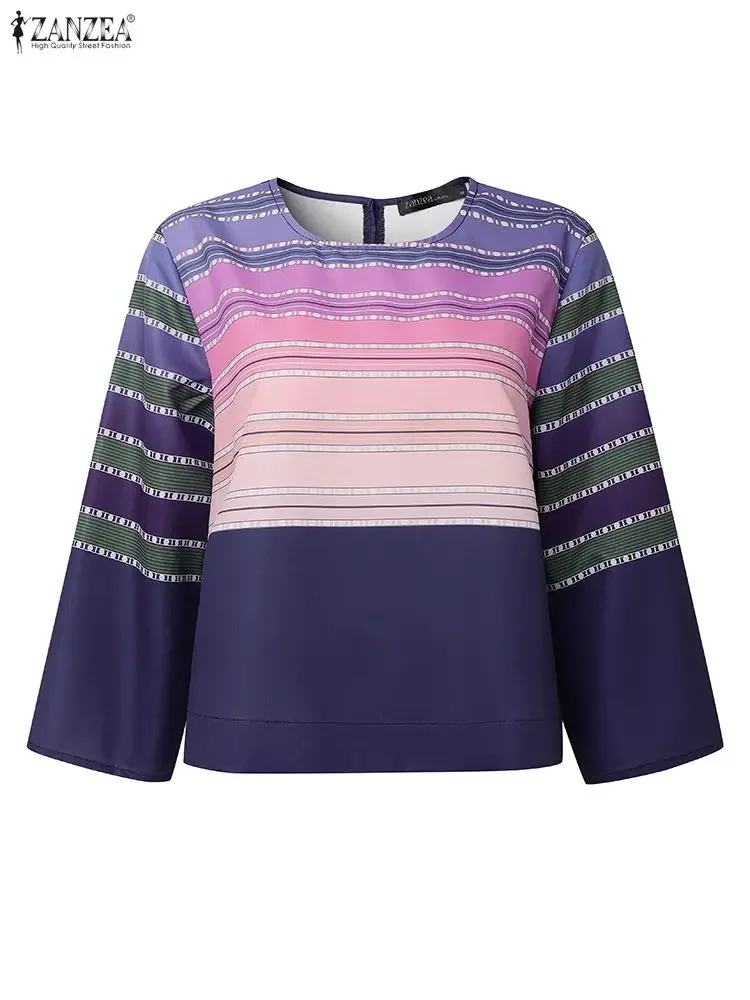 Damskie bluzki w kontrastowe paski w stylu etnicznym, codzienne, z okrągłym dekoltem, rękawami trzy czwarte, krótkie topy ZANZEA 2025, odzież damska na jesień.