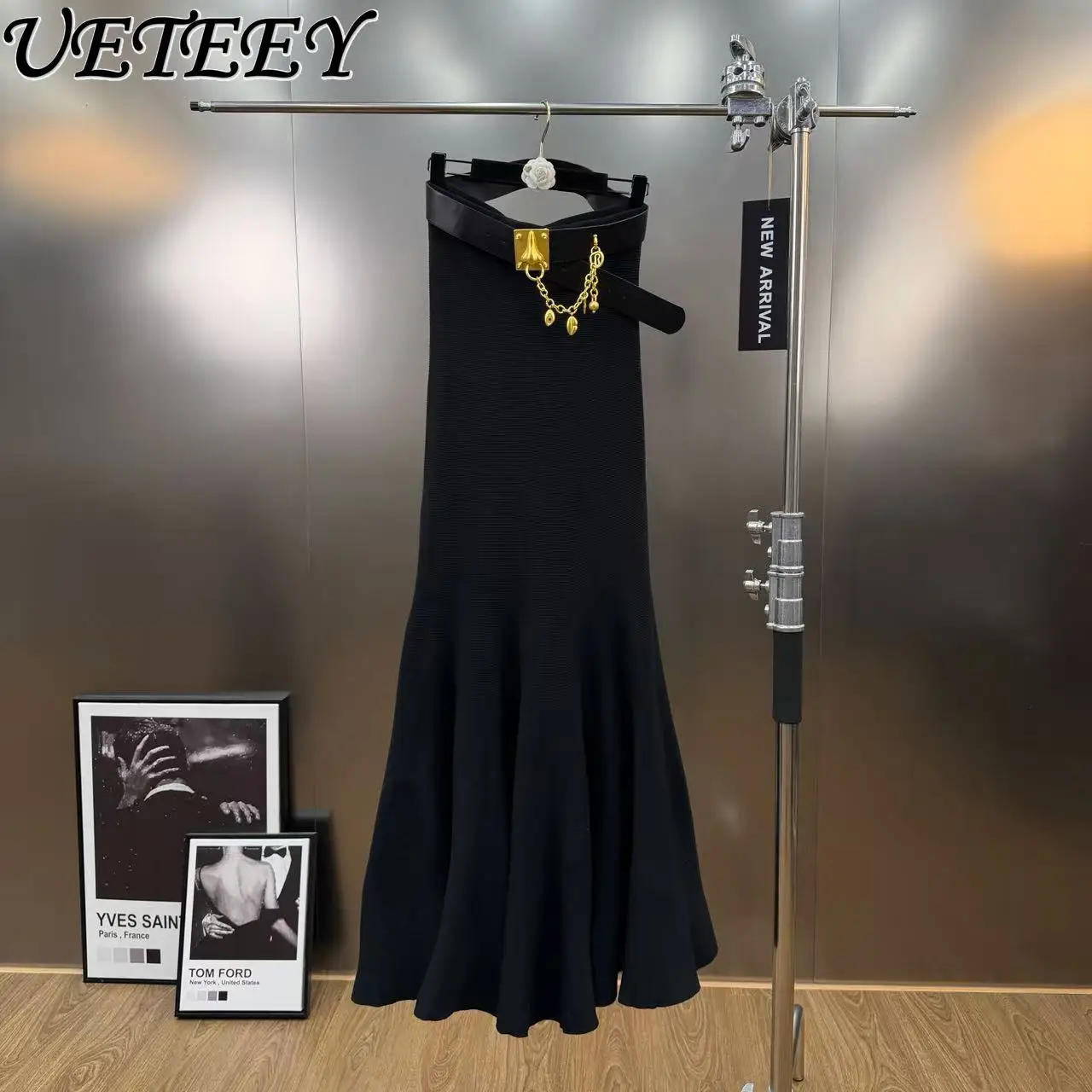 Rok Rajut Ekor Ikan Berhias Sabuk Heavy-duty Musim Dingin, Rok Panjang Slim Warna Solid Berpinggang Tinggi yang Elegan untuk Wanita