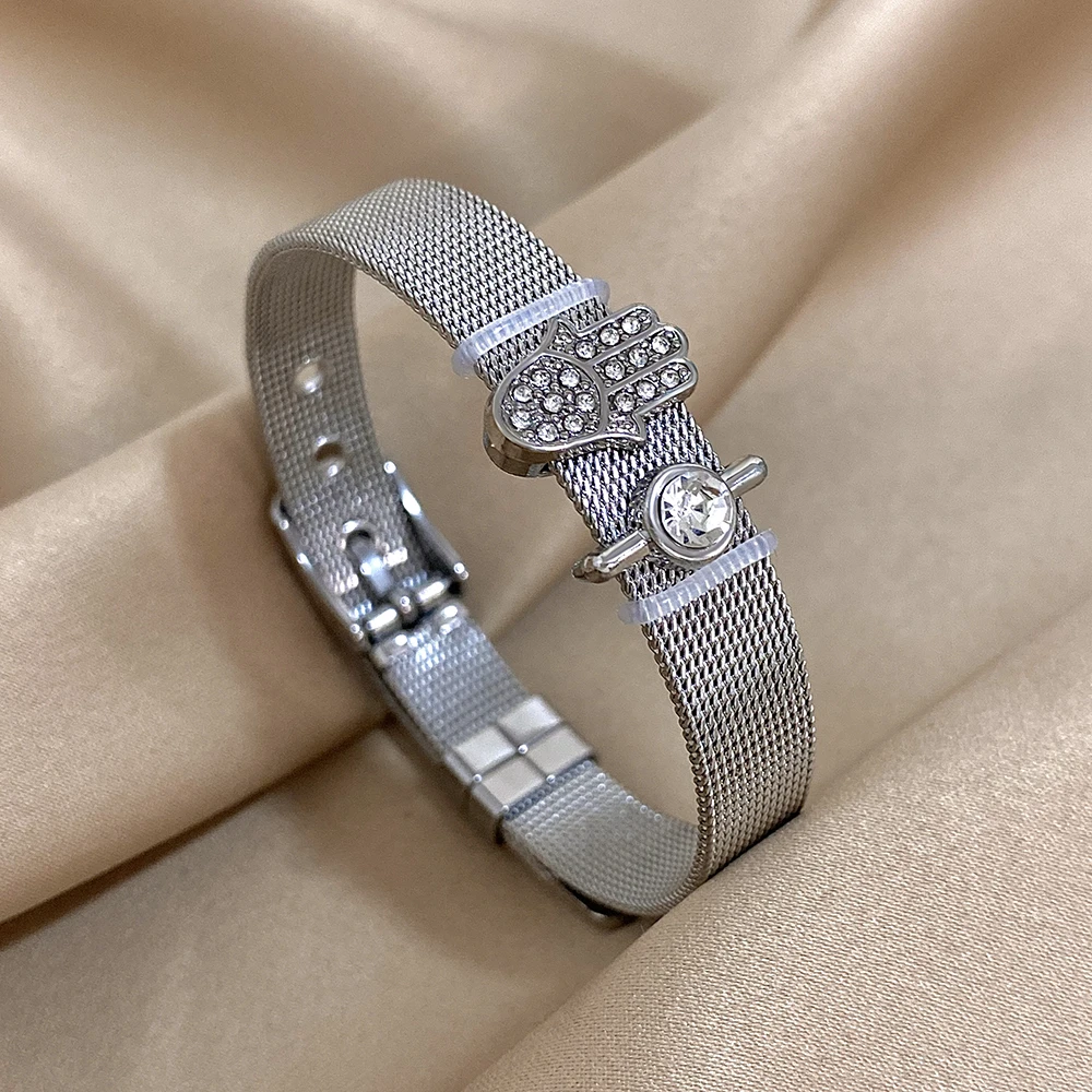 Stainless Steel Strap Couple Bracelet Palm Mesh Adjustable Bangle Bracelet for Women Men-Daily Wear,Valentine\'s Day Jewelry Gift