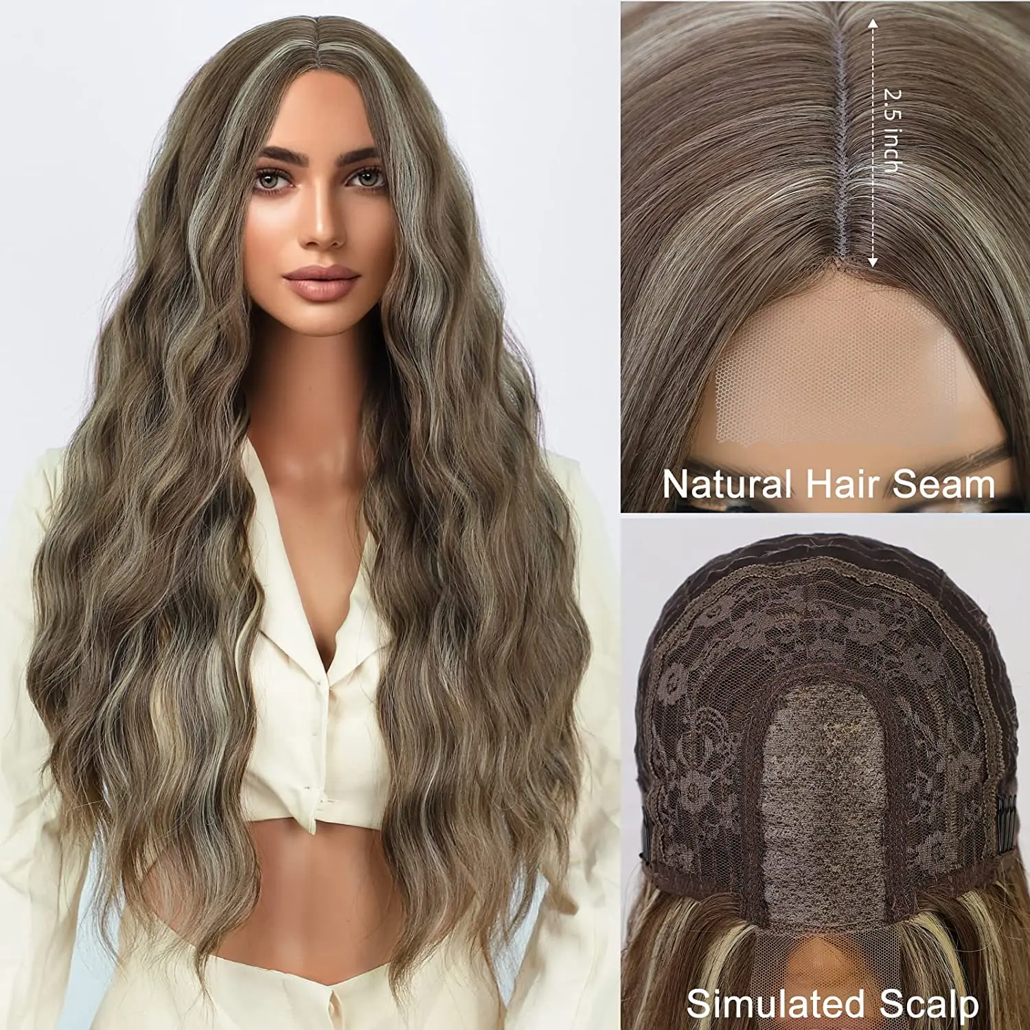 Long Curly Synthetic Lace Wigs for Women 26 Inch Wavy  Wigs Brown Mixed Blonde Middle Part Heat Resistant Wig Daily Party