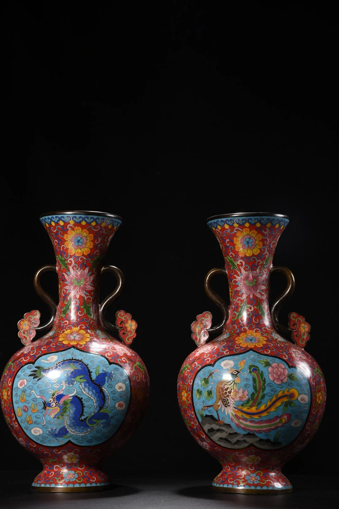 

17"Tibetan Temple Collection Old Bronze Cloisonn Enamel Dragon Phoenix Pattern Ruyi Leaf Ear Vase Pair Amass wealth Ornaments