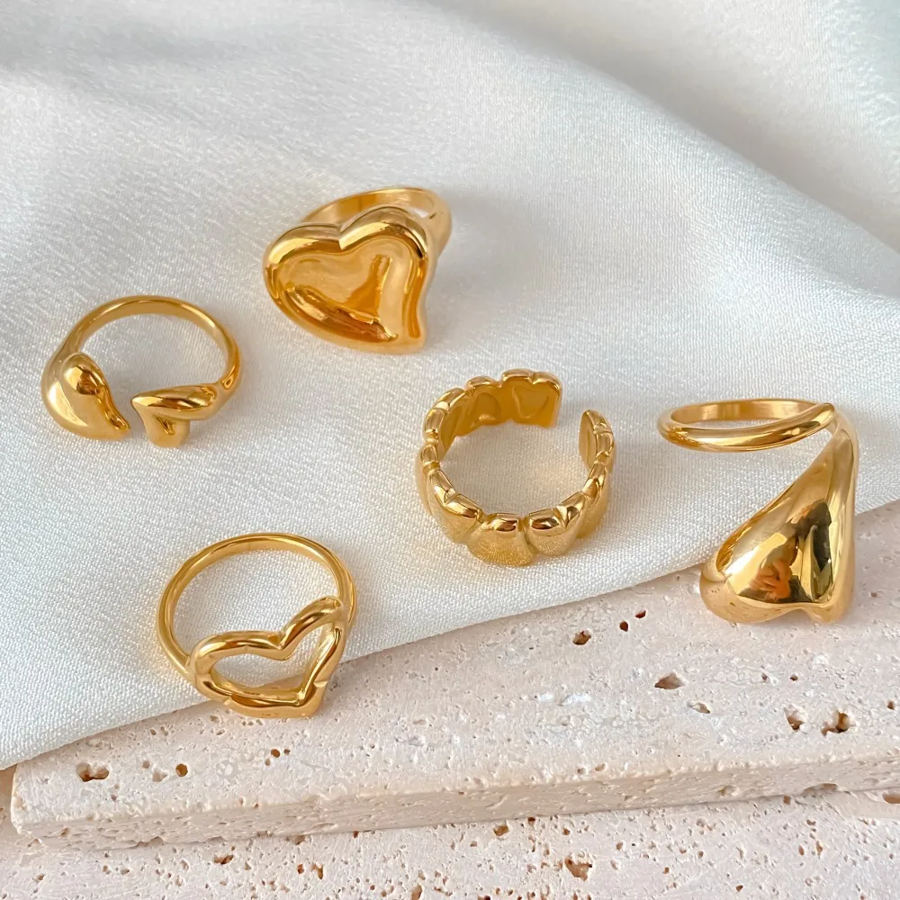 Hiraeva Vergoldete Edelstahl-Herzringe Set für Damen, Klobige Offene Verstellbare Minimalistische Modeschmuck – Detail 11