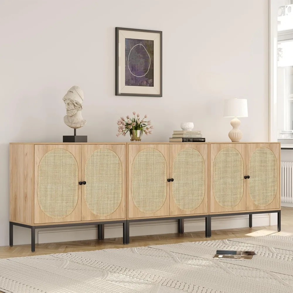 

Set of 3 Sideboard Cabinet with Natural Rattan Decorated Doors, Rattan Cabinet, Buffet Storage Console Table, Accent Credenza C