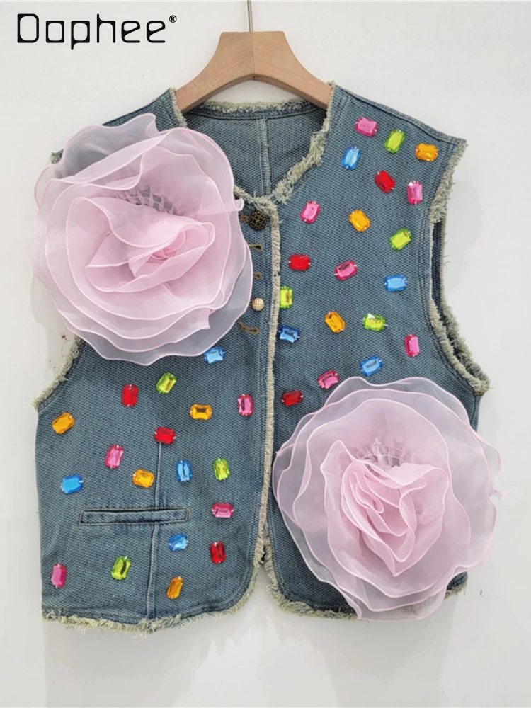 Retro Crew Neck Vest Distressed Raw Edge Hand Sewing Colorful Crystals Sleeveless Denim Coat Summer Autumn 3D Flower Vest Coat