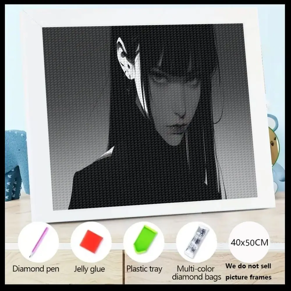 

1 шт., 40x50 см, черная и белая женская алмазная живопись с длинными темными волосами в белой рамке, DIY 5D Crystal Diamond Art Kit In