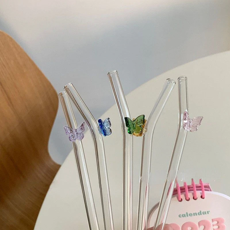 Creative Butterfly Glass Straw Lengthening Elbow Cute Exact Transparent Color Can Repeatedly Use High Temperature Stir Bar