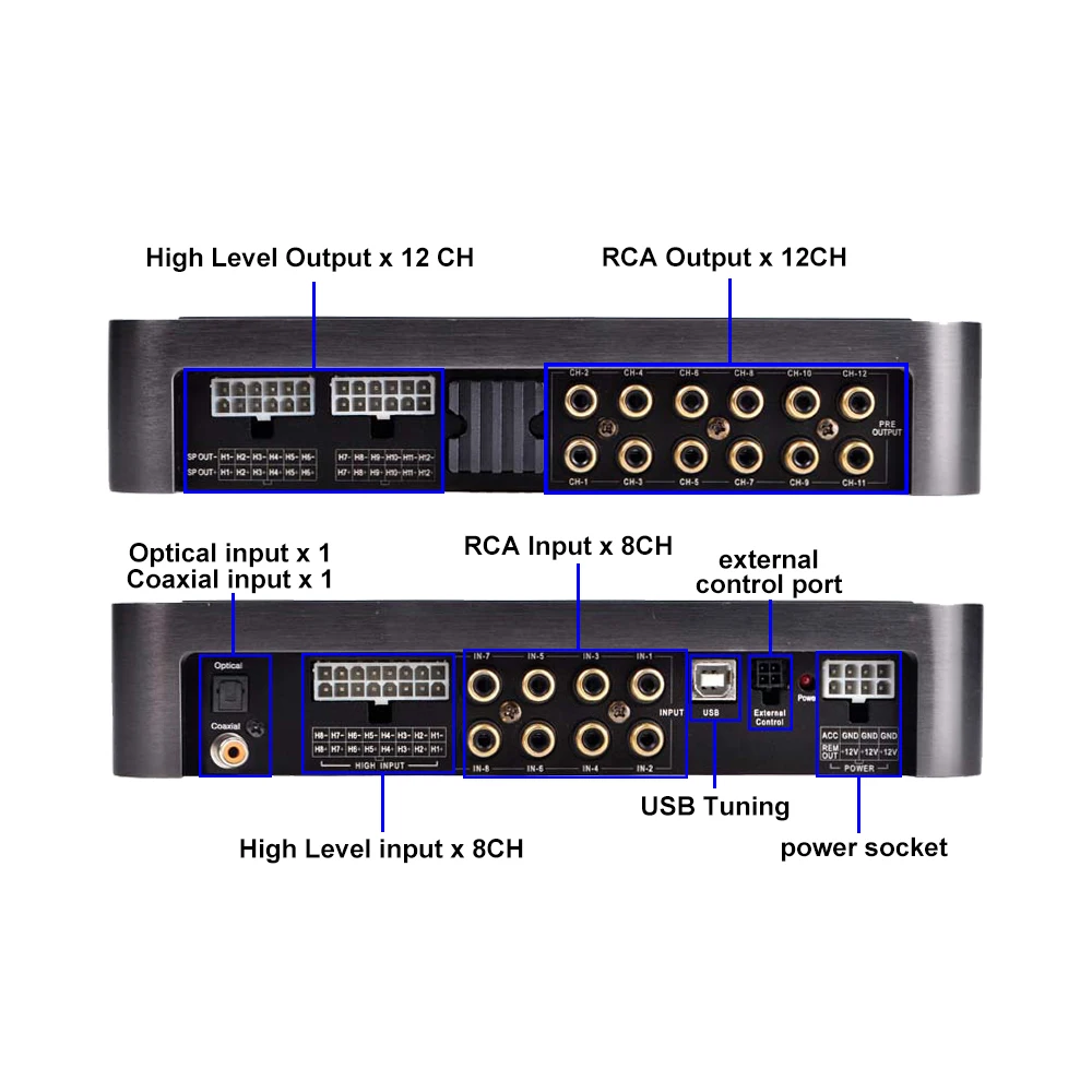 12CH Optical Car DSP Amplifier 64W X12 Car Audio Upgrading optical RCA Highlevel input RCA Highlevel output