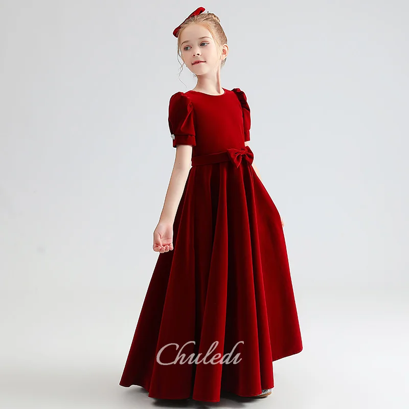 Girls dress velvet puff sleeve round neck floor-length belt bow birthday princess dress