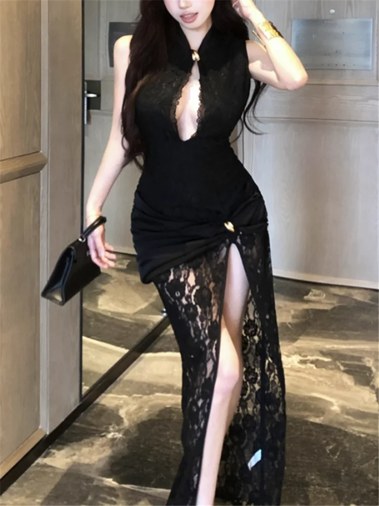 

Облегающее кружевное лоскутное черное длинное платье без рукавов с воротником-стойкой, сексуальное облегающее вечернее платье-карандаш с высоким разрезом, Vestidos