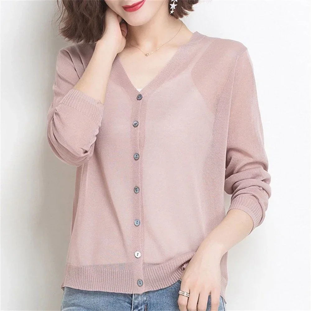 Spring Summer Comfortable Casual Blouses white knitted cardigan 2024 Women\'s Clothing Solid V-neck Elegant Fashion Button Loose