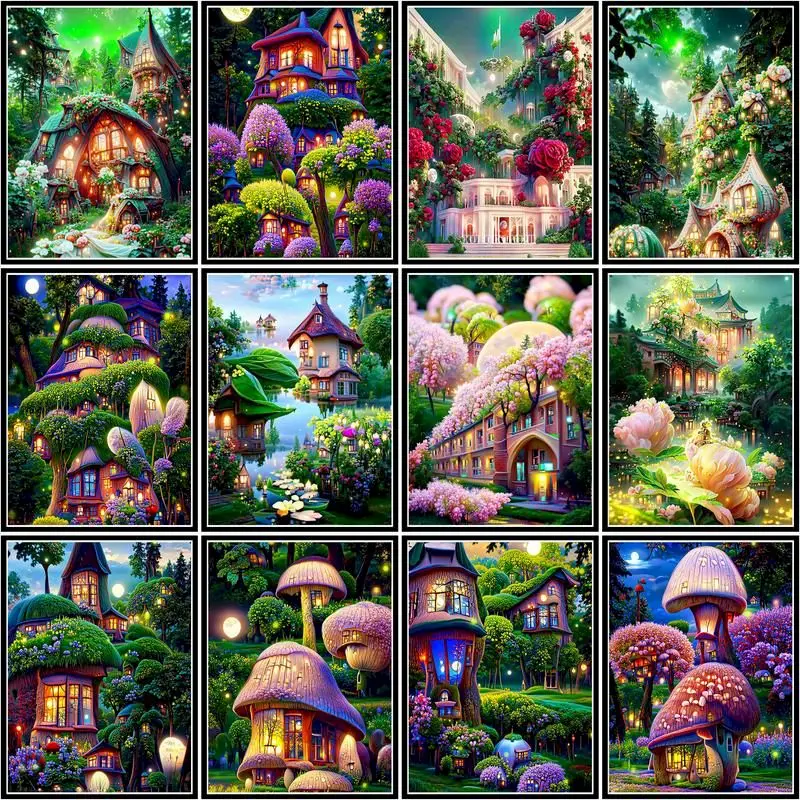 

GATYZTORY Diy Frame Painting By Numbers Colorful Mushroom House Acrylic HandPainted Oil Paint By Numbers Landscape For Decor Art