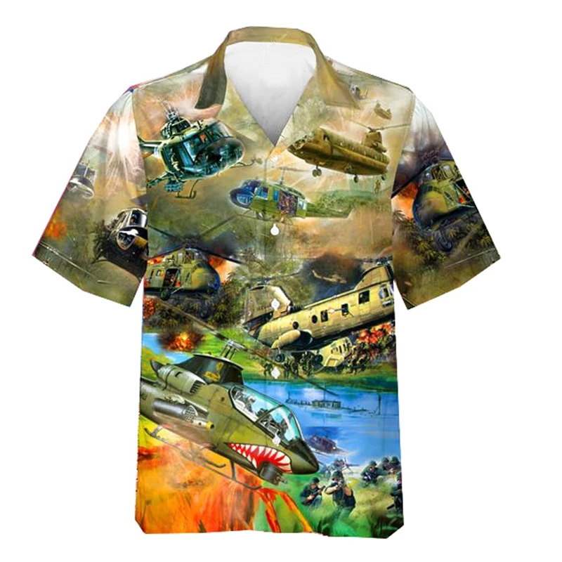 Plane Battle Graphic Shirts for Men Clothing 3D Printed Hawaiian Beach Shirts Short Sleeve y2k Tops Vintage Clothes Lapel Blouse