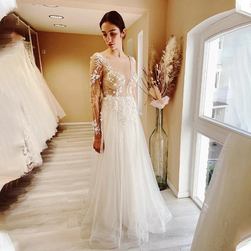 

Long Sleeves Stuning Beaded Lace Applique Boho Beach A Line Wedding Dresses Sexy V-neck Backless Bridal Grown