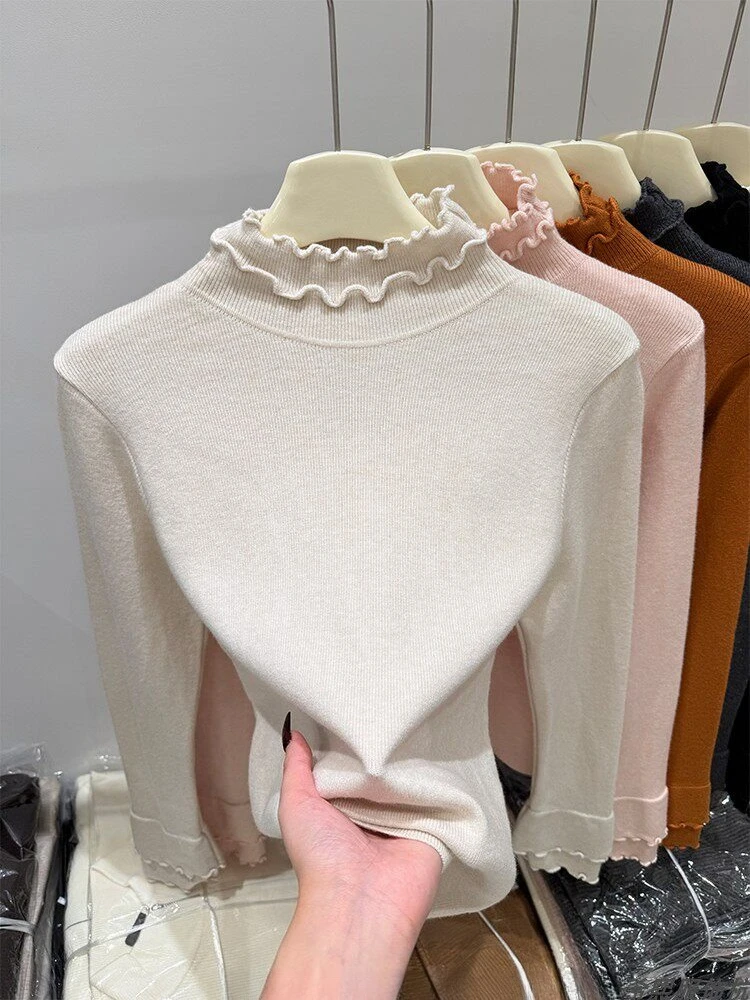 2026 Autumn Winter Sweater Grey Ruffled Mock Neck Women Pullover Knit Base Top Floral Trim Slim Fit Long Sleeve Solid Sweater