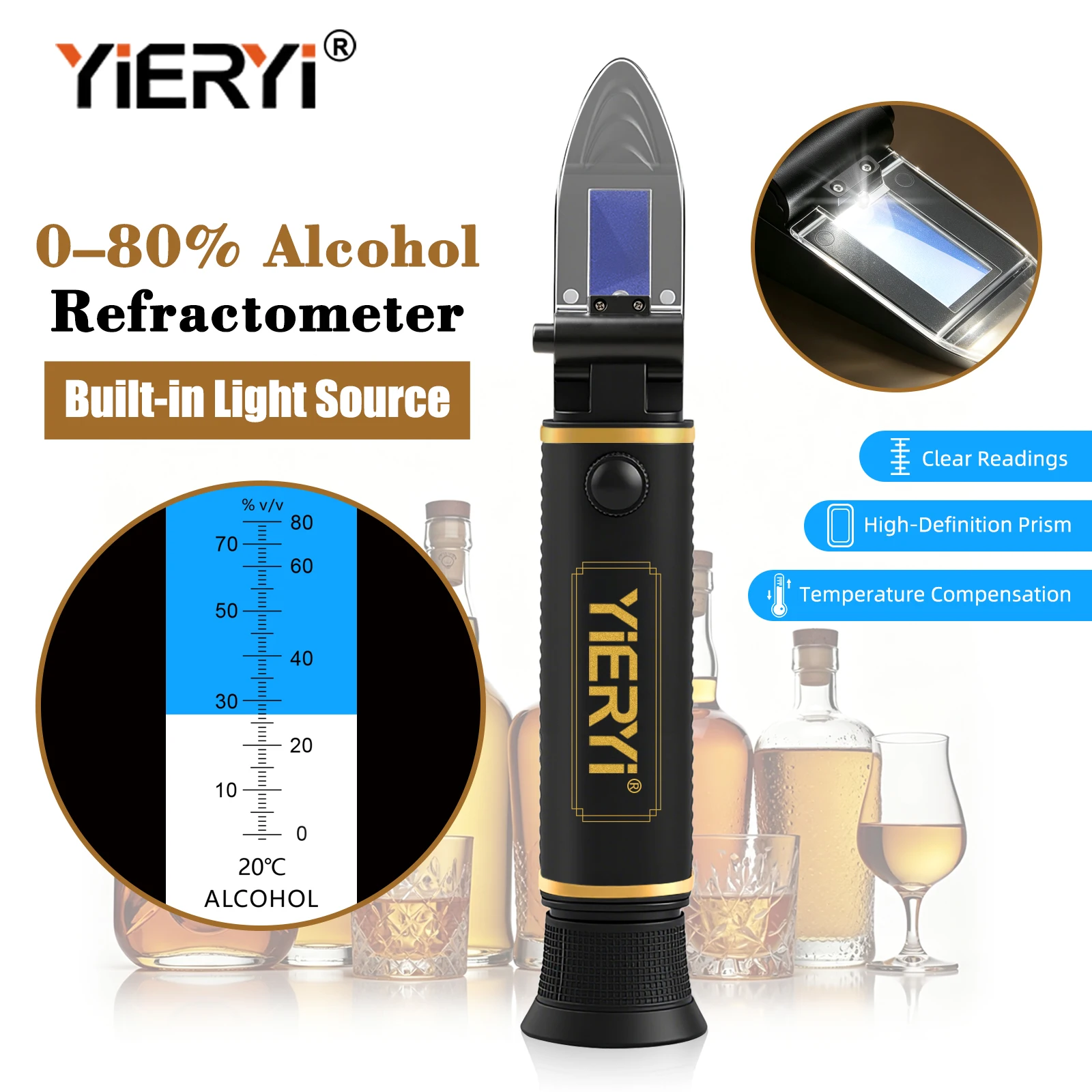 Yieryi 0‑80% Alcohol Refractometer With Built‑In Light Source ATC Spirits Content Tester For Distilled Liquor Brewing Baijiu