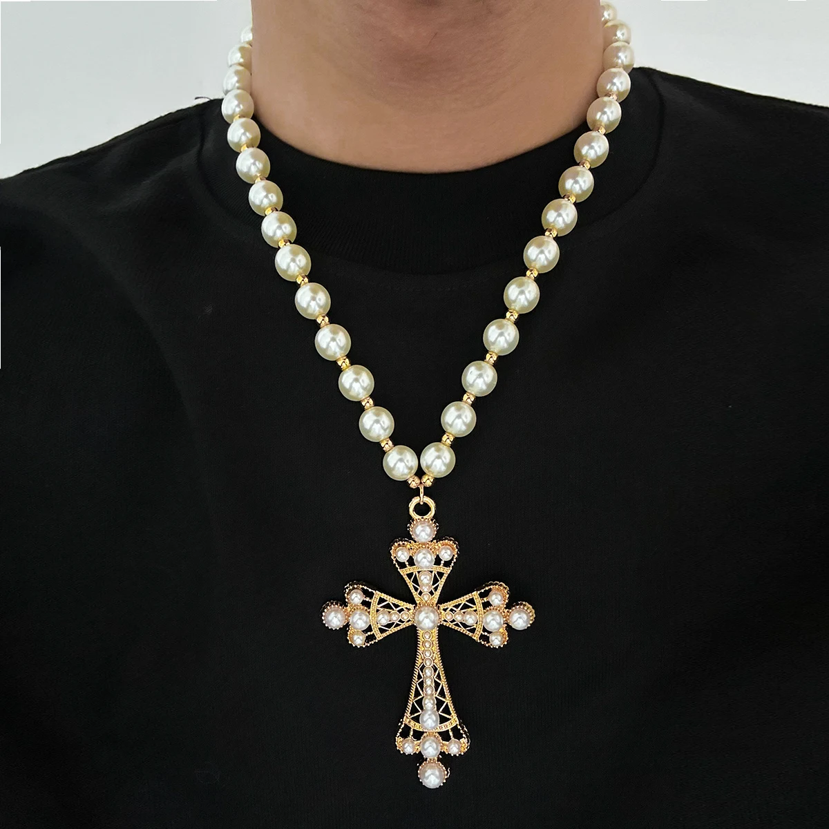 

Ingemark Punk Big Cross Jesus Pendant Choker Necklace for Women Men Goth Imitation Pearl Chain Halloween Male Jewelry Gift New