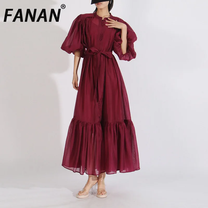 

FANAN French Style Lace Dress For Women Round Neck Short Sleeve Belt Gathered Waist Dresses Elegant Clothing 2025 Spring New