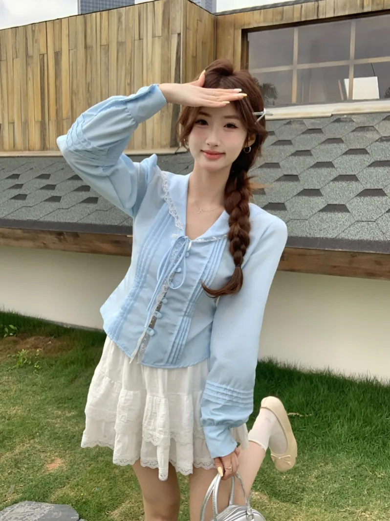 

Женская длинная рубашка с воротником-стойкой и рюшами, приталенная, весенняя новинка, французский стиль, рукав-фонарик, полиэстер